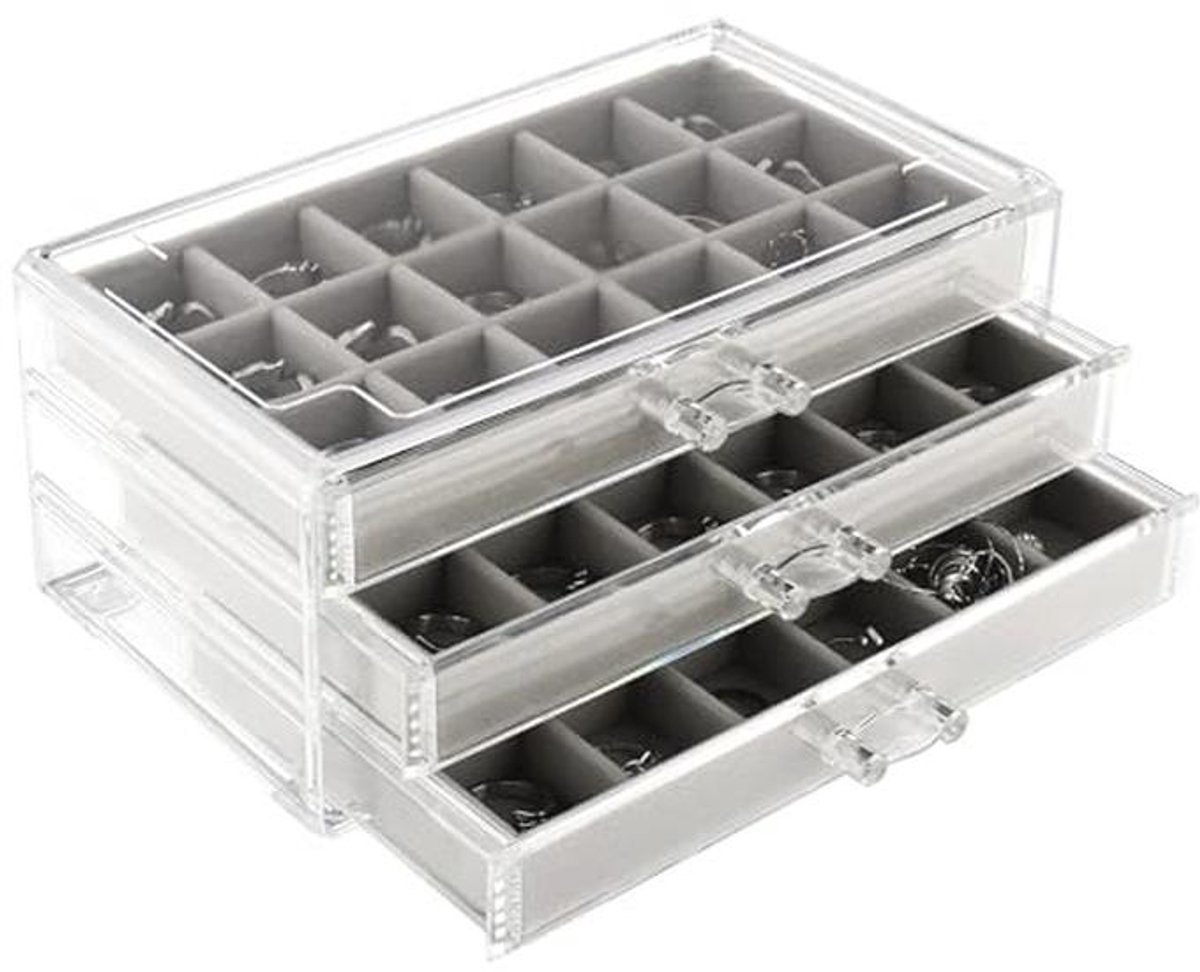 Acryl Sieradenbox voor Dames met 3 Laden - Luxe Organisator voor Oorbellen, Ringen, Kettingen en Armbanden - Grijze Sieradenopslag