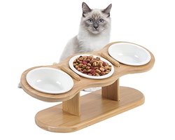 Verhoogde Voerstation voor Katten met 3 Keramische Borden - Ergonomische Voederstandaard voor Droog, Nat Voedsel en Water