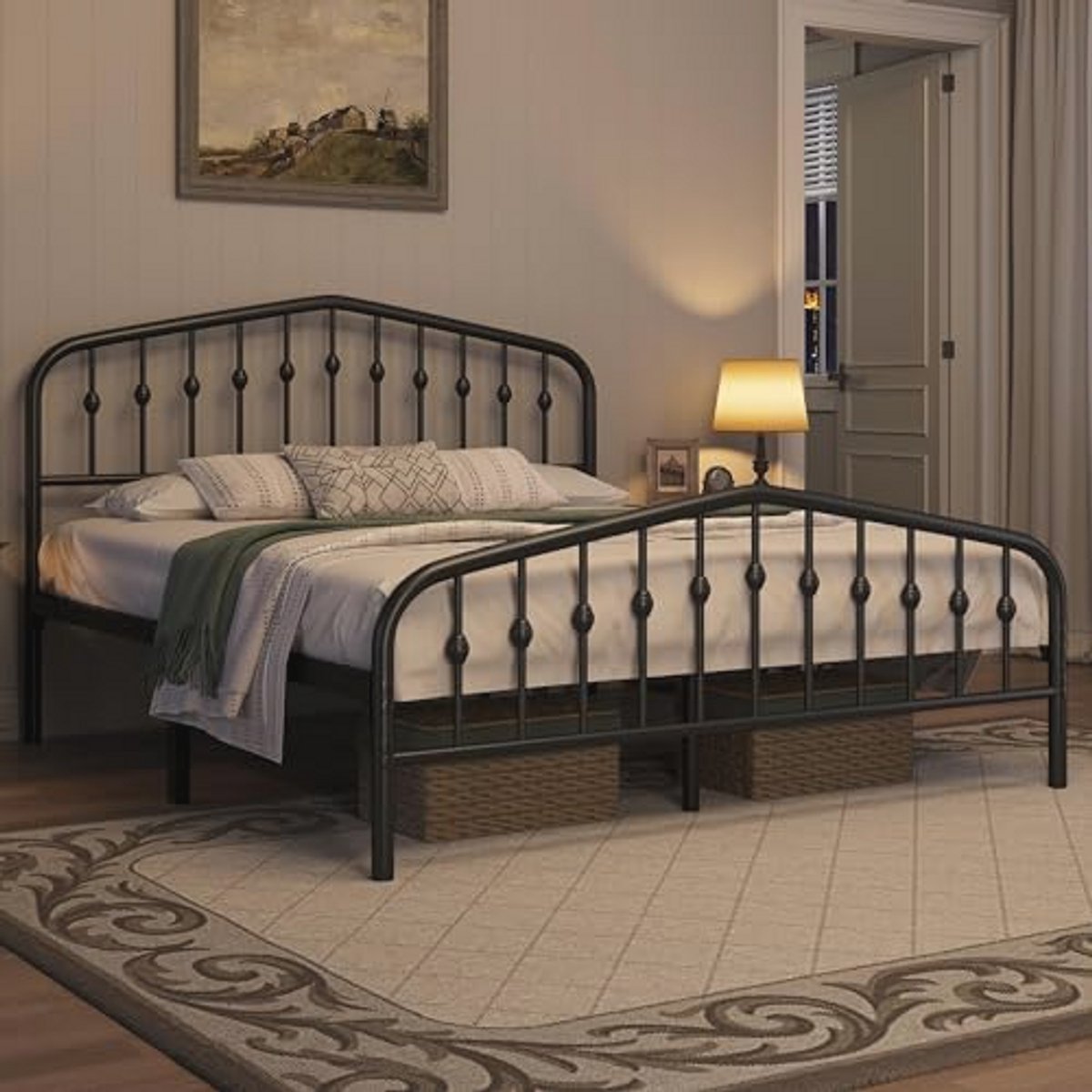 Vintage Metal Bed Frame 160 x 200 cm met Hoog Hoofdeinde, Voor Jongeren of als Logeerbed, Stabiele en Eenvoudig Te Monteren Bed