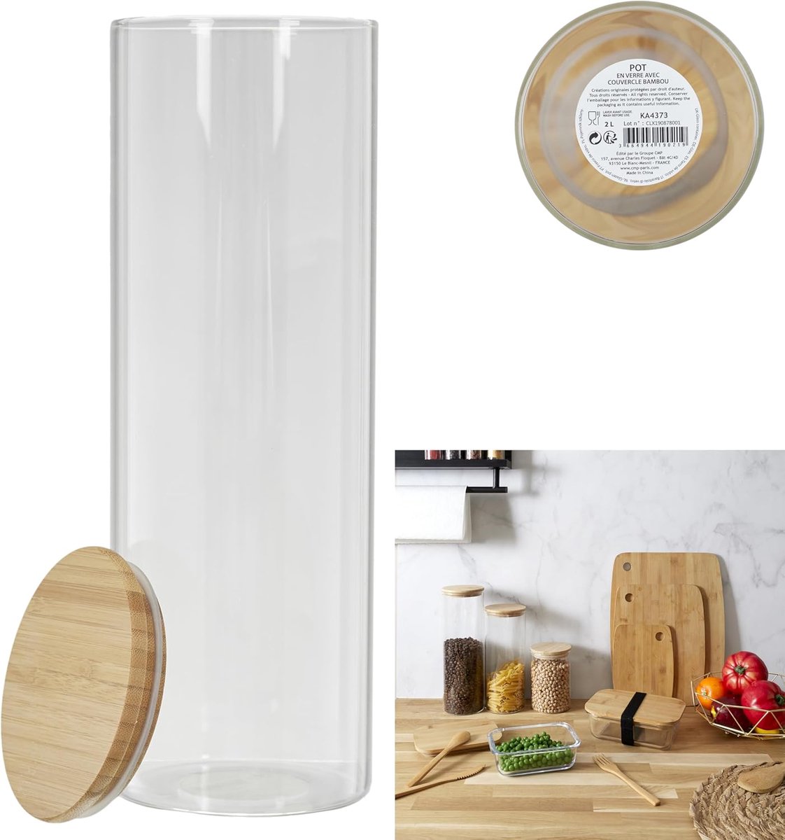 Candala voorraadpot, 2 l, borosilicaatglas, bamboe, transparant, 10,3 x 10,3 x 30 cm