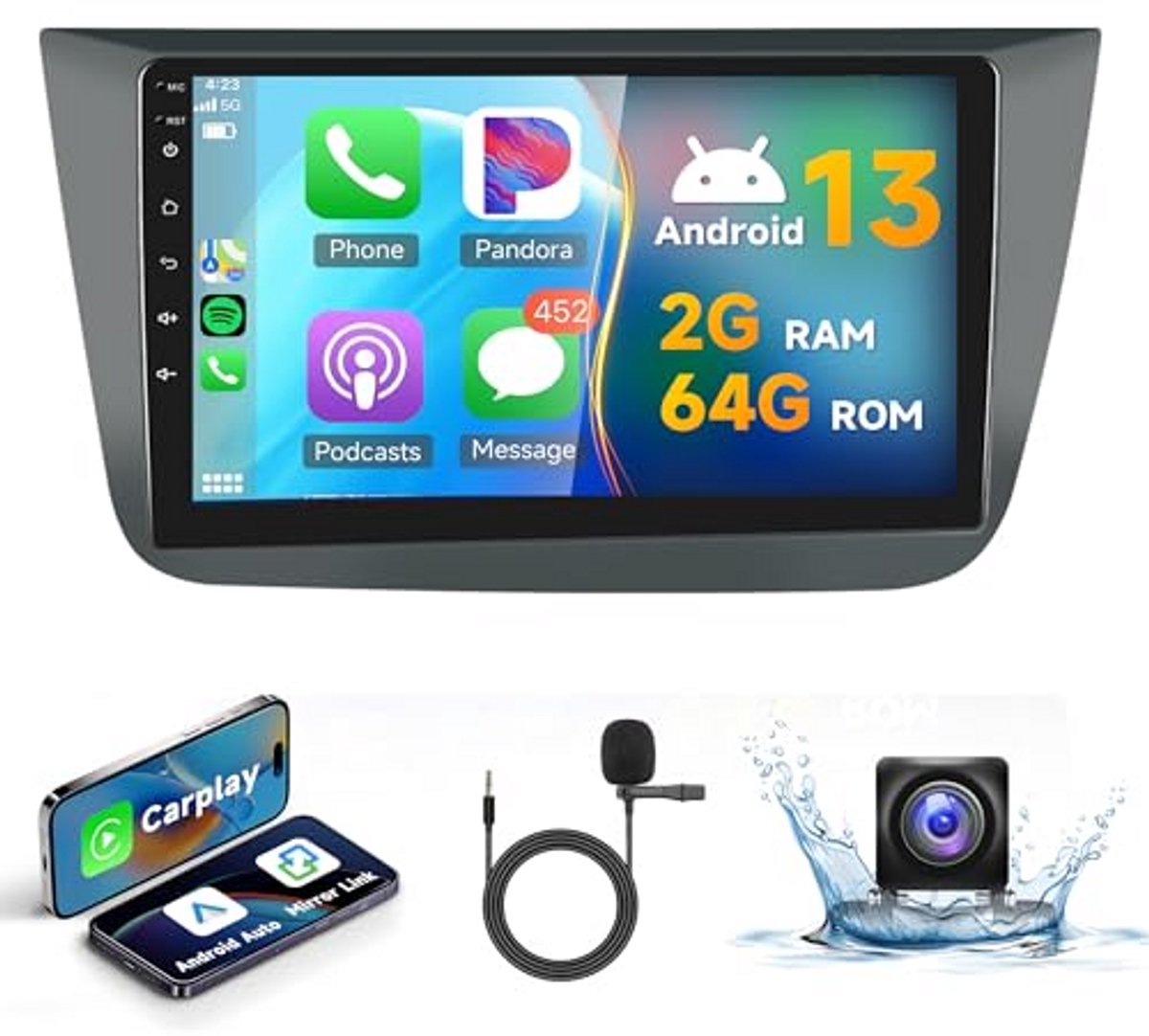Draadloze 2 Din Auto Radio met Android 13 en 9 inch Scherm voor Seat Altea en Toledo - Carplay, Navi GPS, Bluetooth, FM/RDS/DAB, OBD, SWC, Achteruitrijcamera