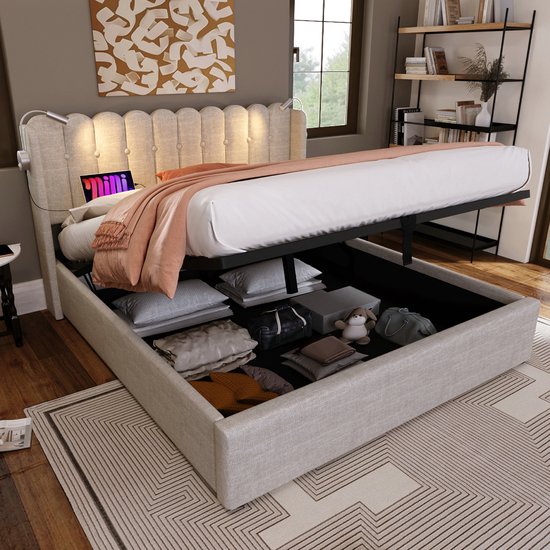 Strovea Lit Rembourré en Katoen Lin 160x200cm - Pour 2 personnes Avec Chargeur USB et Lampe de Lecture - Avec levier hydraulique - Avec Espace de Rangement - Beige (sans Matras)