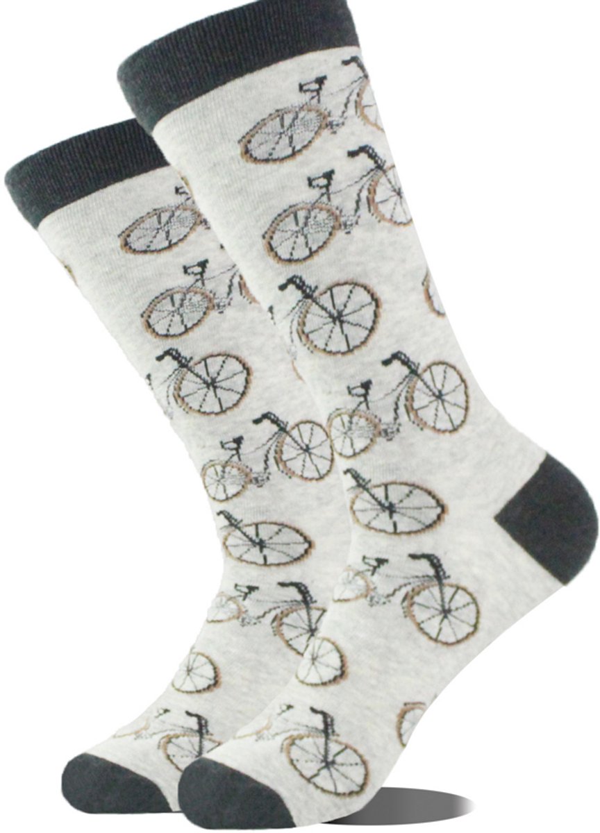 Sokken heren - mannen - grijs - zwart - leuke print fiets - 40-46 - cadeau voor hem - Kerst cadeau - vaderdagscadeau - verjaardagscadeau - gift - geschenk