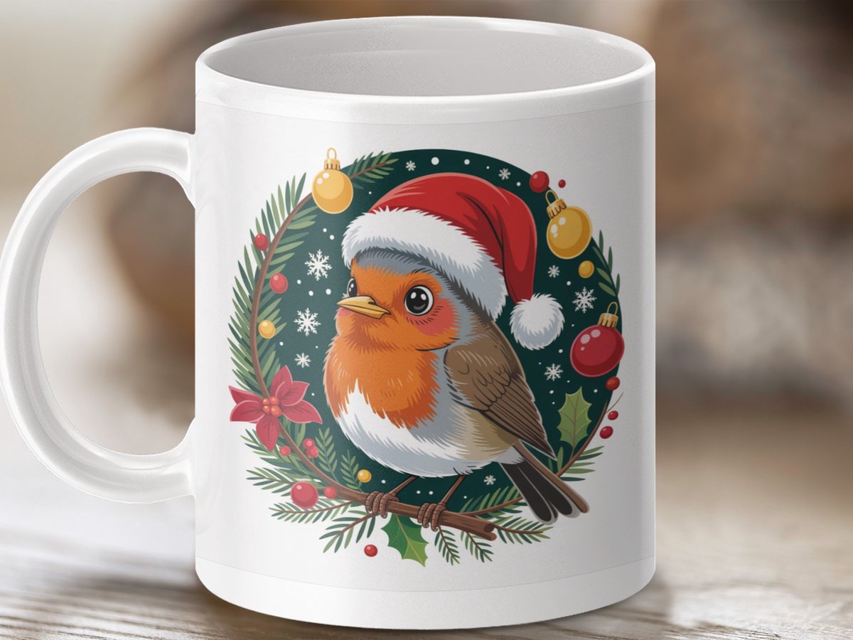 Mok Kerst Roodborstje, Kerst Decoratie, Vogel met Kerstmuts, Feestdagen Cadeau, Kerst Mok