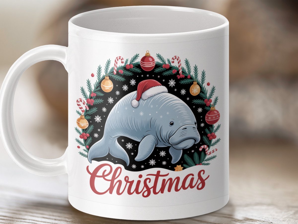 Mok Kerst Zeekoe met Kerstmuts, Kerstversiering Mok, Feestdagen Mok, Kerstcadeau Idee, Nieuwigheid Mok, Sea Cow Mok