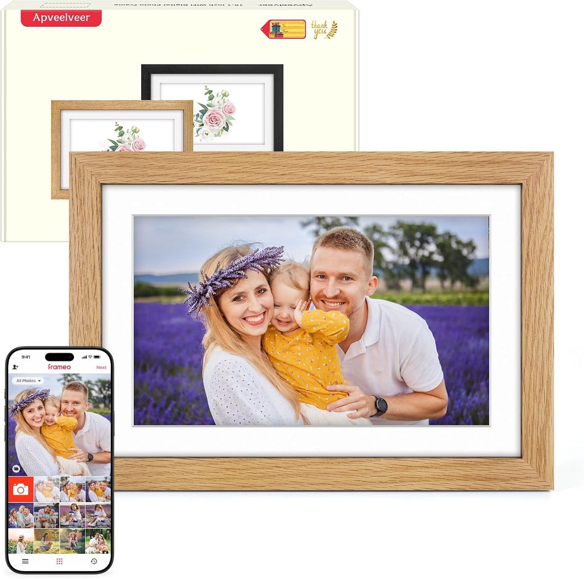 Digitale Fotolijst van Hout met WiFi en 32 GB Geheugen, 10.1 Inch Elektronische Fotolijst 1280 x 800 IPS Touchscreen, Deel Foto’s/Video’s Direct via de Frameo App, Cadeau voor Vrouwen en Mannen, Eikenhout
