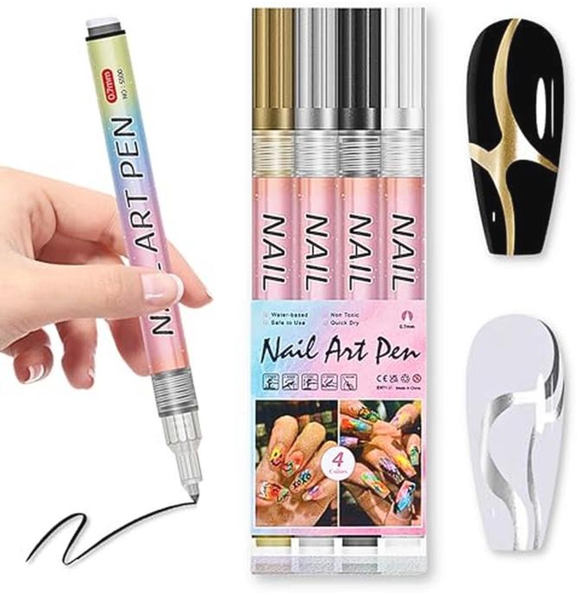 4 Kleurige Nail Art Stiften voor Creatieve Nageldesigns
