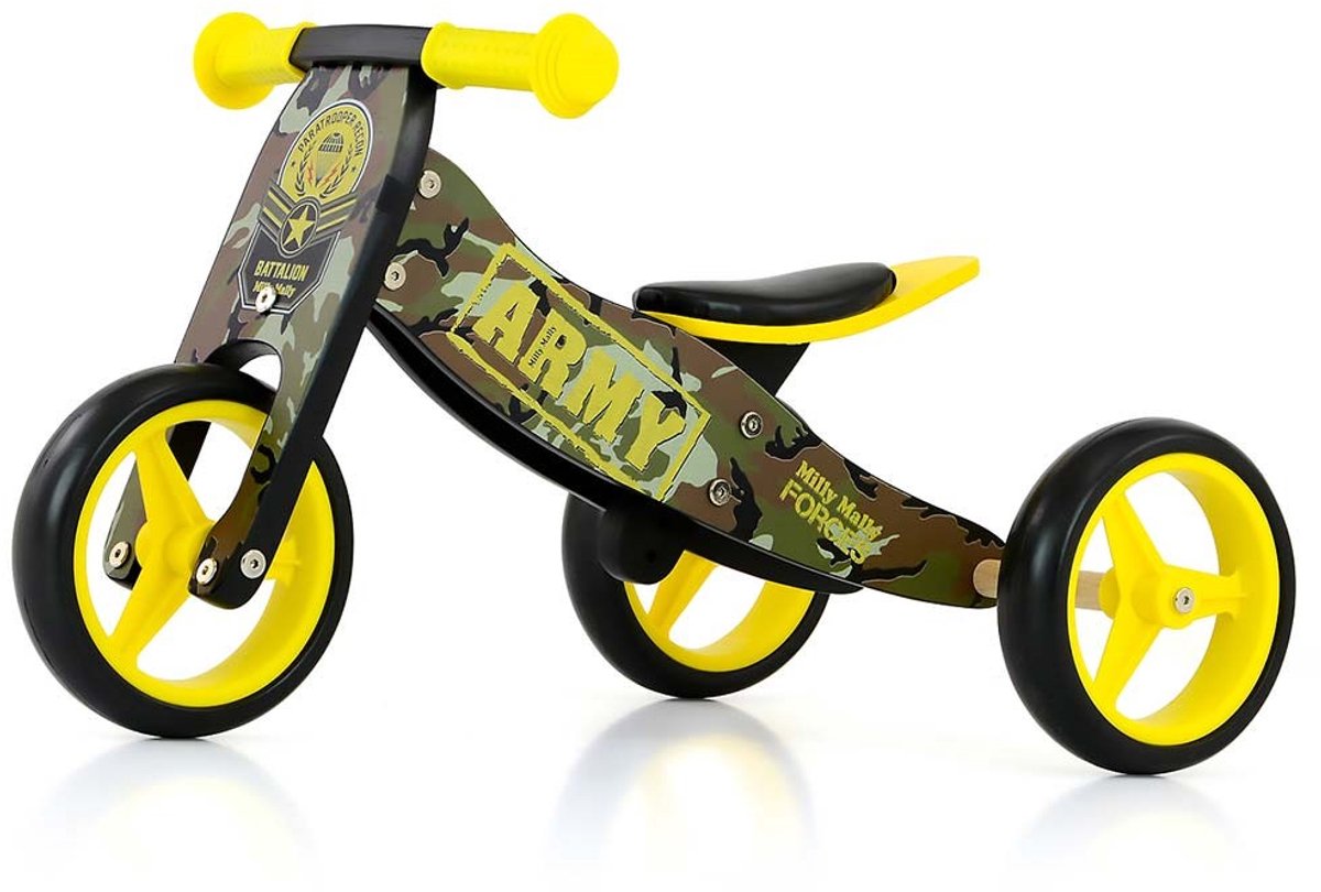 Milly Mally 2-in-1 Loopfiets Jake Army - Loopfiets - Unisex - Legergroen;Geel