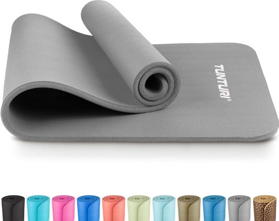 Tunturi NBR Yogamat Anti Slip - Fitnessmat Extra dik & zacht - Sportmat - 180x60x1.5cm - Incl Trainingsapp - Grijs