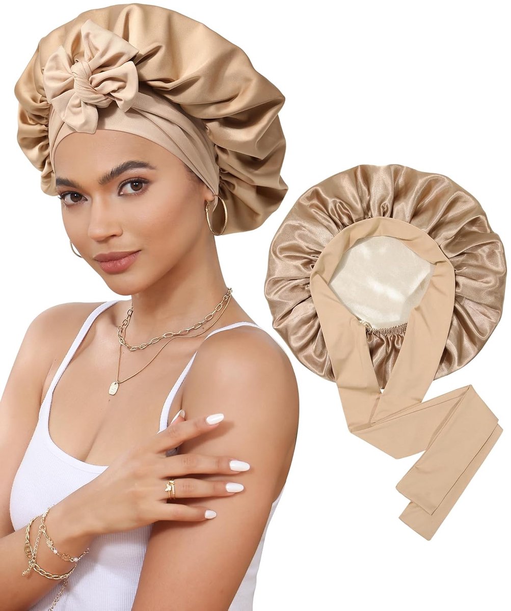 Satijnen slaapmuts - Verstelbare beschermende haarkap - 4-pack - Khaki - Elastische band - Brede rand - Geschikt voor steil of krullend haar - Dameshoofdband - Zacht en comfortabel