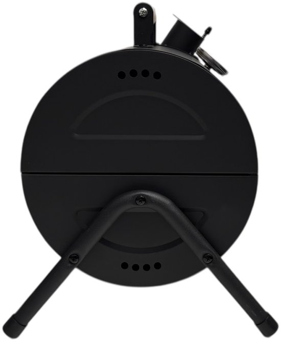 Zwarte, cilindervormige draagbare BBQ van Wolff BBQ, van de achterkant gezien, met houten handvat en zwarte pootjes.