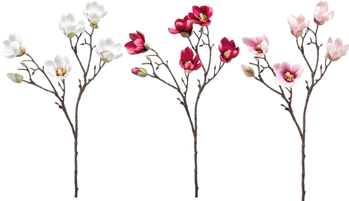 Emerald Kunstbloem Magnolia mini 65cm - Set van 3 - Kunstplant voor binnen Créme, Donkerroze & Lichtroze - Set van 3