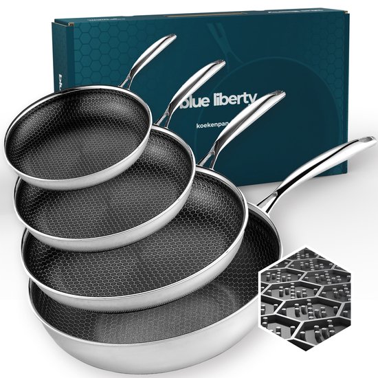 Blue Liberty Pannenset 4 delig - Koekenpan 20, 24 & 28 cm + Wokpan 28 cm – Hybrid Honingraat Pannen – Keramisch & PFAS-vrij RVS Koekenpan - Geschikt voor Inductie, Gas, Oven & Vaatwasser