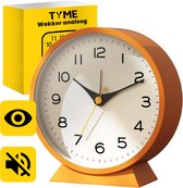 Tyme Wekker Analoog - Zonder Tikgeluid - Duidelijk leesbaar - Met Alarm - Reiswekker Incl. Verlichting - Rond met Voet - Wekker kinderen - voor Slaapkamer - Oranje