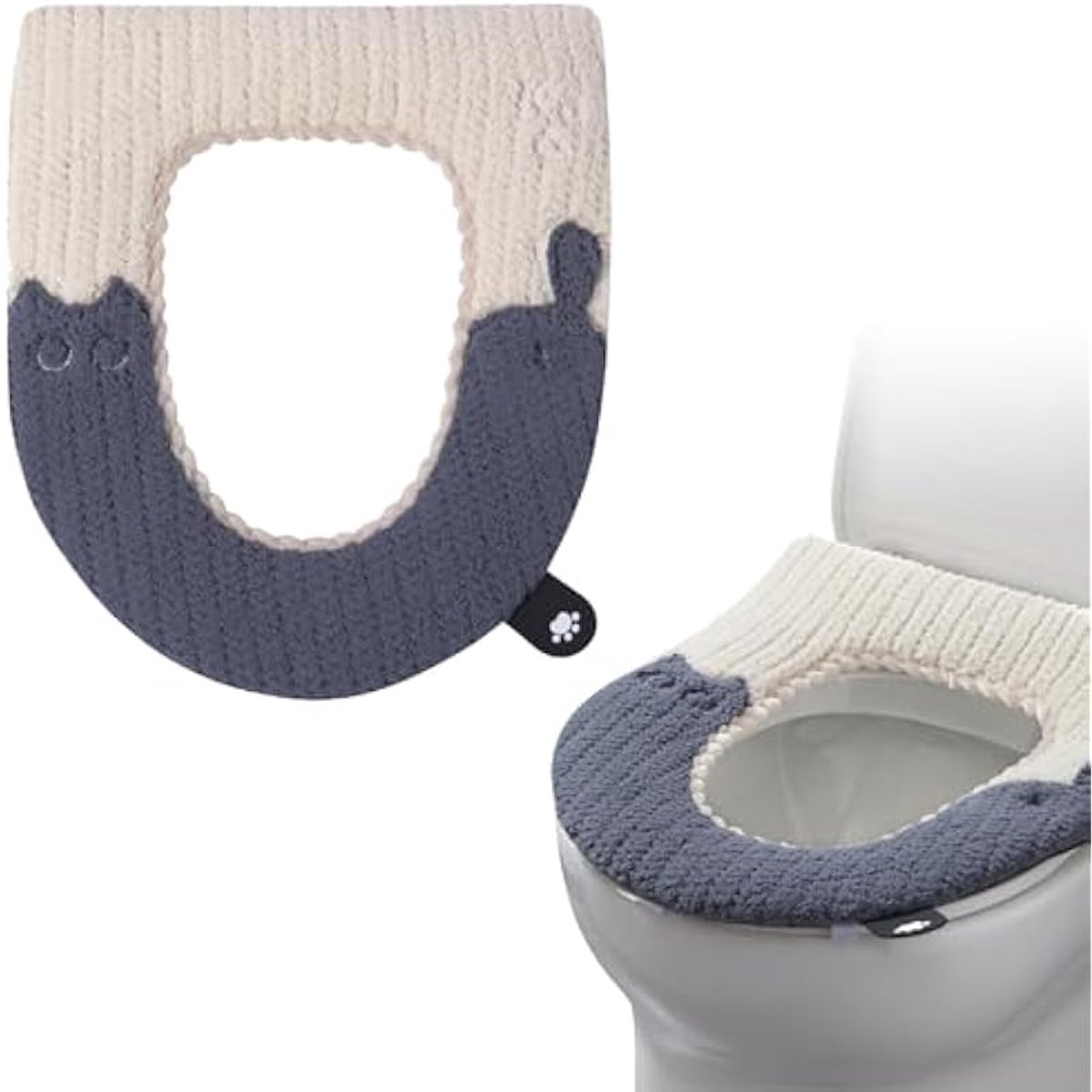 Verwarmde toiletbrilhoes met handvat, wasbare toiletbrilhoes met kattenmotief, universele toiletbrilhoes met klittenband - grijs