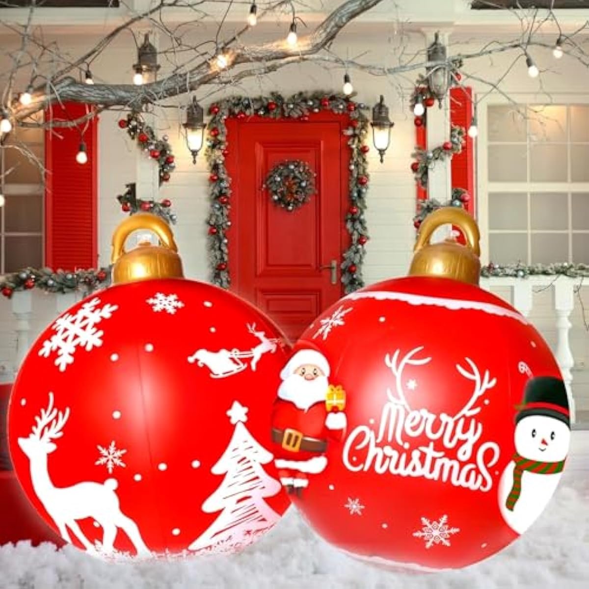 Opblaasbare kerstballen in rood en wit, set van 2 stuks, ideaal voor feestelijke kerstdecoratie.