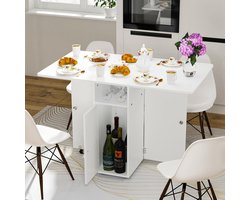 Mobile Folding Dining Table with Wheels & Shelf - Wood Extendable Side Table, Foldable Storage Table for Kitchen Living Room Small Spaces, White