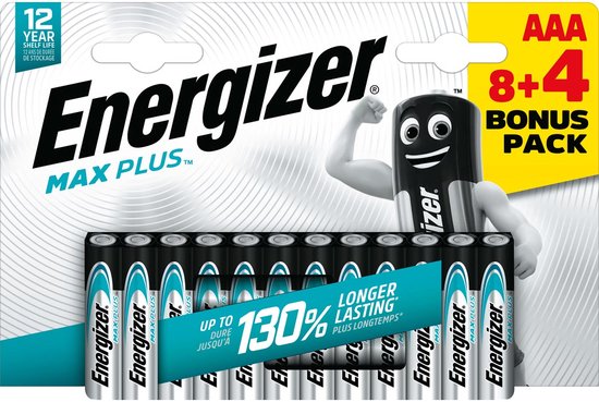 Piles AAA Energizer MAX Plus, paquet de 12 (8+4 bonus), argent avec noir, durée de vie de 12 ans, dure 130% plus longtemps.