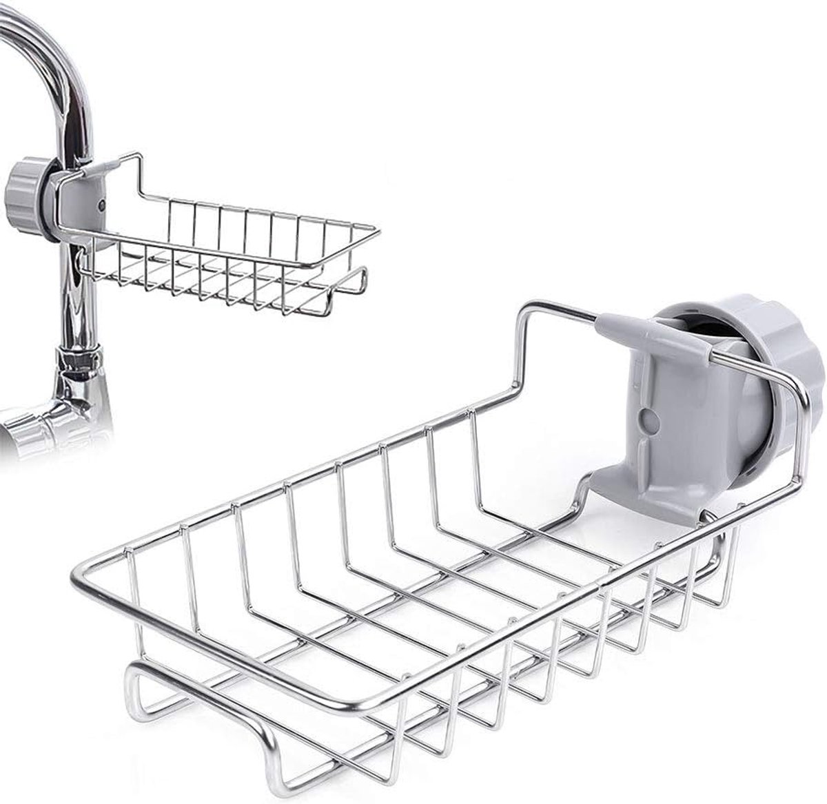 Keuken opbergrek voor de gootsteen - Vaatdoekrek - Vaatdroogrek - Afdruiprek voor op het aanrecht - Zelf-drainerend ontwerp - Onafhankelijke opbergvakken - Geschikt voor keukens en badkamers - Grijs