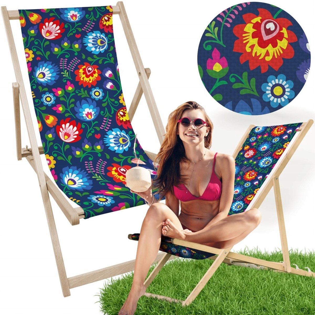 Houten loungestoel met folkprint - blauw - Tuin, strand, balkon