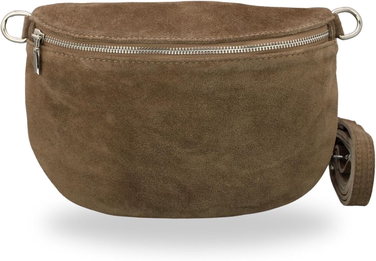 BELCHOME AFIA schoudertas voor dames, handgemaakte crossbodytas en heuptas van suède met leren riem en brede schouderband met patroon, 3 vakken, stijlvol, gemaakt in Italië, Donkertaupe