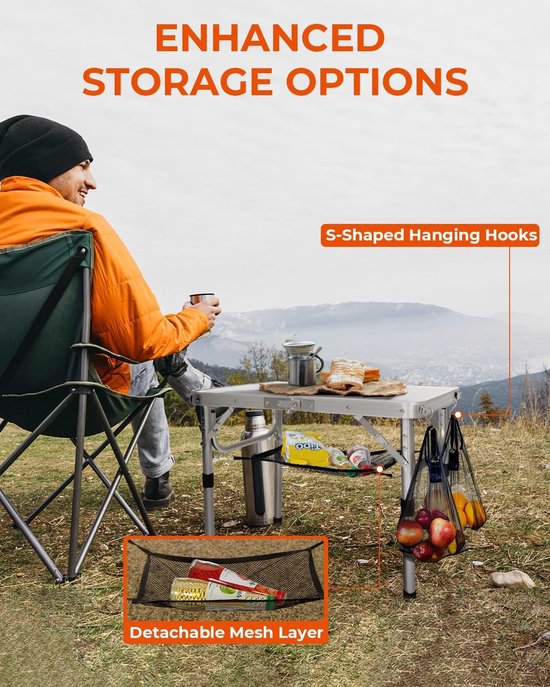Sportneer Opvouwbare campingtafel, in hoogte verstelbaar, kleine klaptafel, draagbare campingtafel (59,9 cm L x 39,9 cm B (2 hoogte)) met netlaag voor buiten van Sportneer — afbeelding 3