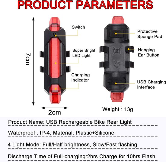 2 Stuks USB Rechargeable LED Bike Rear Light - Waterproof - 4 Modes - Safety Warning Light for MTB Men Women Kids — afbeelding 3