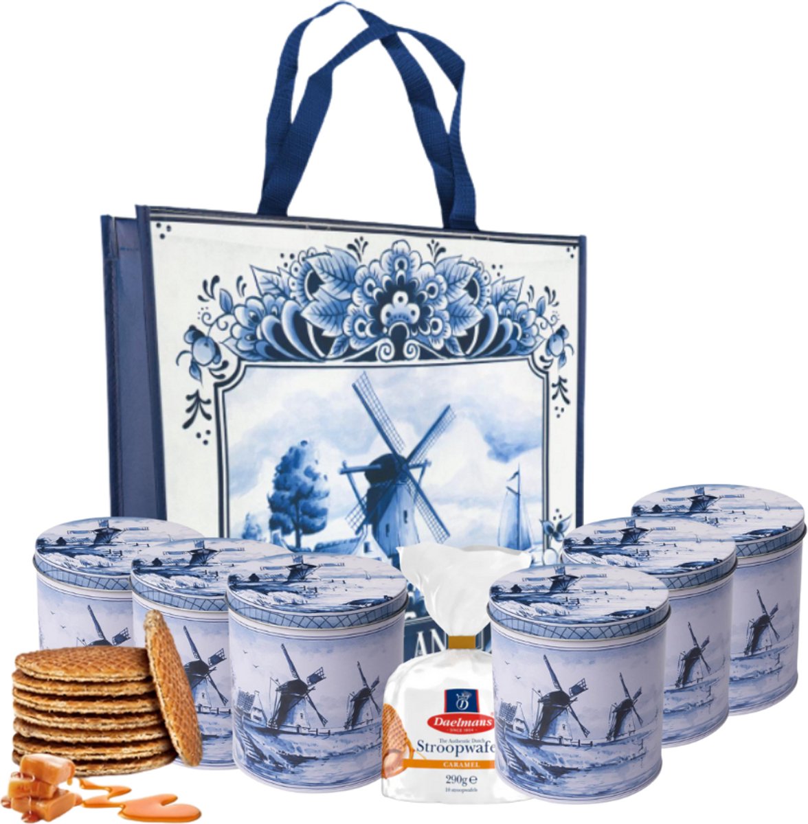 Stroopwafels in blik - Set van 6 - Delfts blauw molen - Hollandse cadeautjes - Stroopwafel blik - Souvenirs Holland
