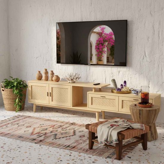 Meuble TV extensible 146-180 cm - ADFBL - Style bois bas Japandi - Meuble TV pour téléviseurs jusqu'à 75 pouces - Design scandinave avec 2 tiroirs et 2 Portes - Aspect rotin tressé