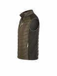 Zijaanzicht van een olijfgroene gewatteerde bodywarmer met donkergrijs gebreide zijkanten, staand op een witte achtergrond.