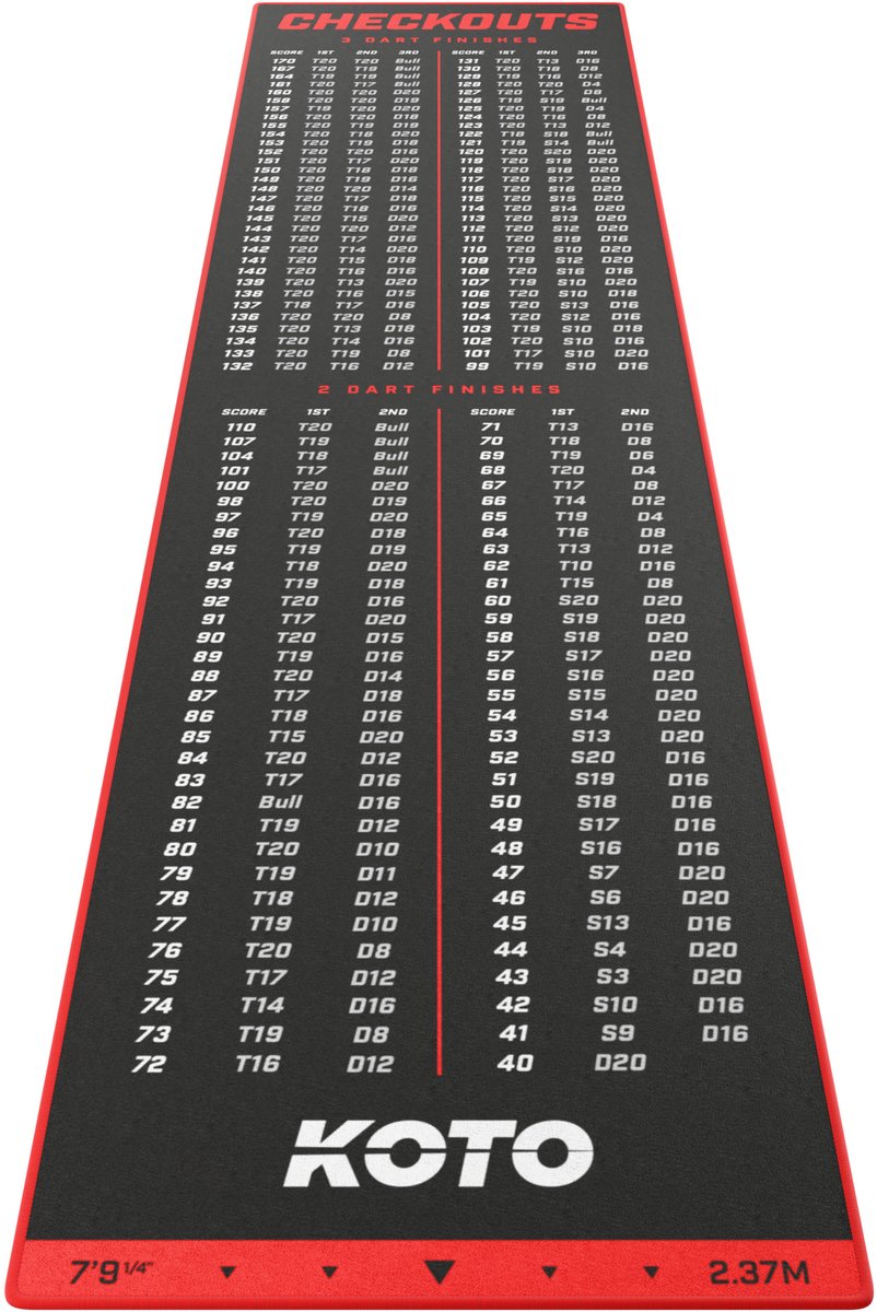 KOTO - Carpet Checkout Dartmat - Rood 237 x 60 cm - Score Indicator - Antislip