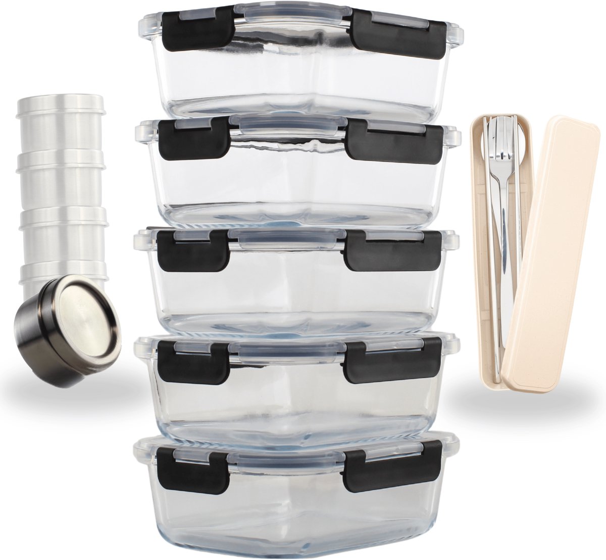DeCor - Meal Prep Bakjes - Glazen Vershoudbakjes - Inclusief bestekset en sauscupjes - Luchtdicht - BPA Vrij - 1L - Glas - 5 Stuks