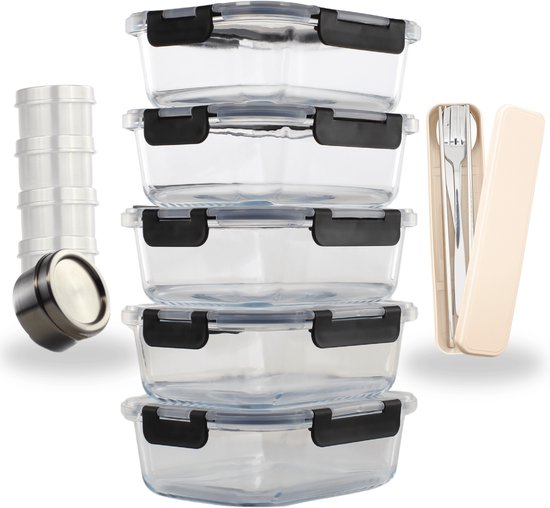 DeCor - Meal Prep Bakjes - Glazen Vershoudbakjes - Inclusief bestekset en sauscupjes - Luchtdicht - BPA Vrij - 1L - Glas - 5 Stuks