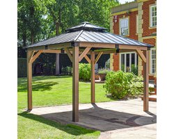 BPS Grote Houten Tuinprieel – 3m x 3m – Extra Dikke 140mm Palen – Gepoedercoat Stalen Dak – Weerbestendig – Snelle & Eenvoudige Montage