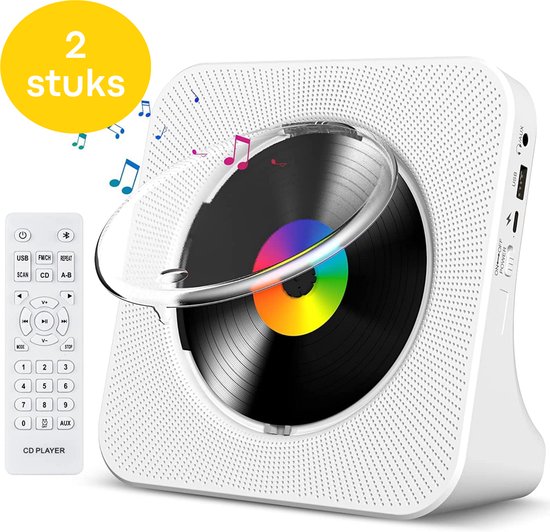 Set van 2 witte CD-spelers met retro vinyl look, afstandsbediening en muzieknoten. Inclusief USB en AUX poorten.