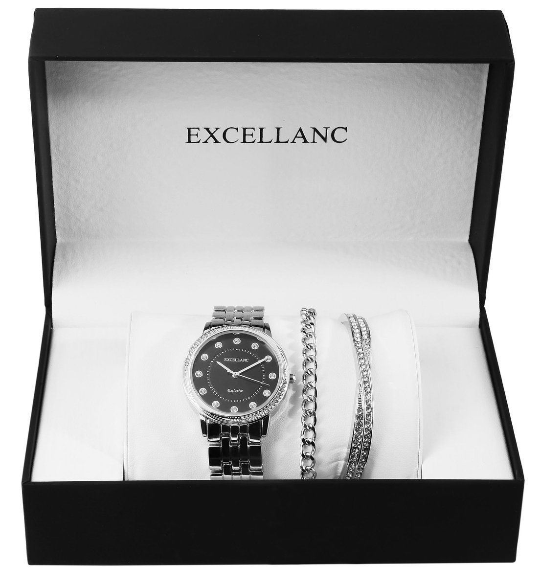 Excellanc dameshorloge geschenkset horloge en twee armbanden zilver-zwart