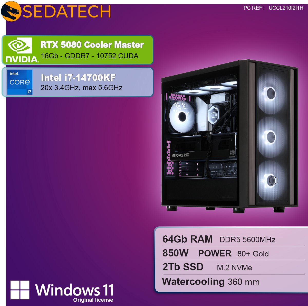 Sedatech Pro Gaming PC Waterkoeling Performance ATX • Intel i7-14700KF 20x 3.4GHz • Geforce RTX5080 • 64Gb DDR5 • 2Tb SSD M.2 • WiFi • Bluetooth, USB C • Windows 11 • Desktop computer thumbnail 5