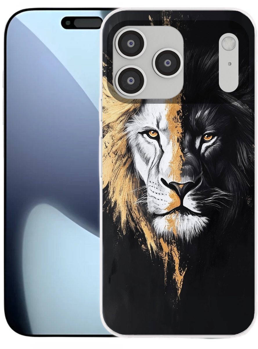 Telefoonhoesje Geschikt voor iPhone 17 Pro max hoesje - Leeuw - Gesplitst - Zwart - Lijn - Siliconen Telefoonhoesje Telefoonhoesje