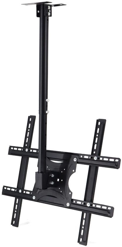 Een zwarte TV-beugel voor plafondmontage, bevestigd aan een draagstang.