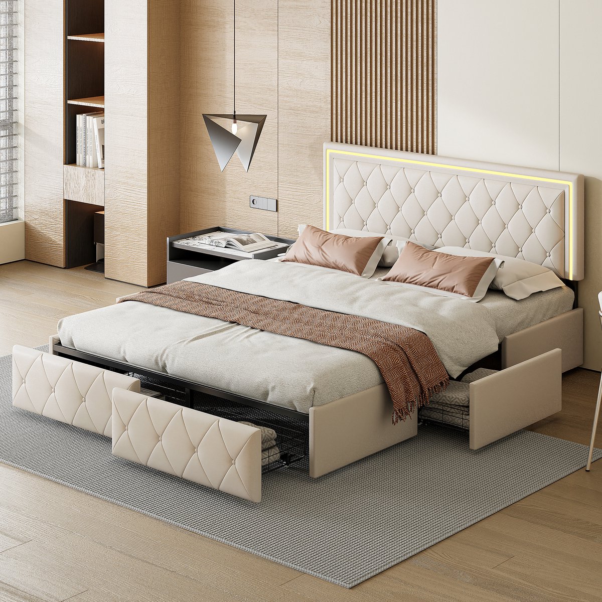 SHOPENTRA Opbergbed 140x200 cm beige PU-leer met LED-verlichting, 4 lades en verstelbaar hoofdbord, gestoffeerd tweepersoonsbed