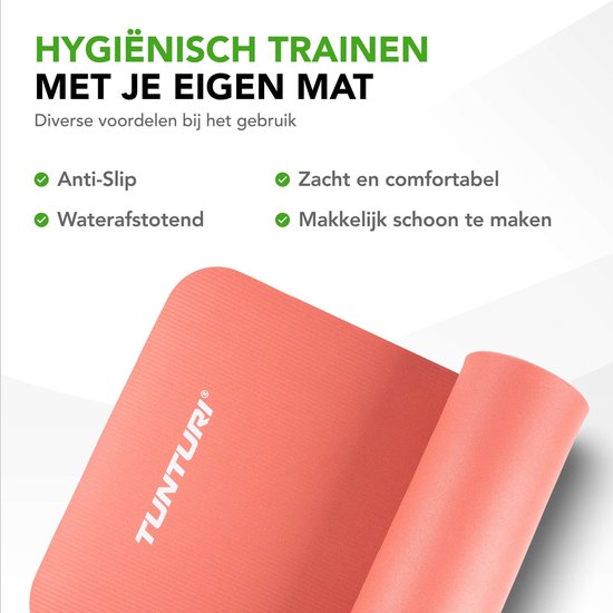 Koraalrode Tunturi yogamat, 180x60x1,5 cm. Anti-slip, waterafstotend, zacht en comfortabel.