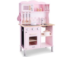 Woet® Houten Speelgoed Kinderkeuken - Speelkeukentje met Kookplaat met Licht en Geluid - Speelkeuken Roze met Diverse Accessoires - Werkbladhoogte 55 cm - Rollenspel - Vanaf 3 Jaar
