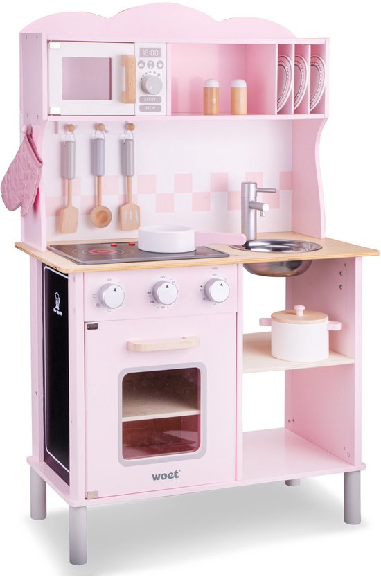 Woet® Houten Speelgoed Kinderkeuken - Speelkeukentje met Kookplaat met Licht en Geluid - Speelkeuken Roze met Diverse Accessoires - Werkbladhoogte 55 cm - Rollenspel - Vanaf 3 Jaar