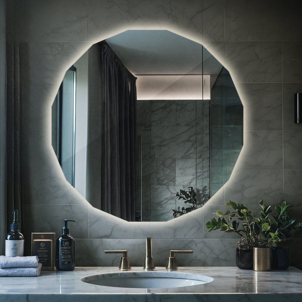 Coloray LED Spiegel Symmetrische Vorm - LED Spiegel Geometrische Vorm - 80 cm x 80 cm - LED Spiegel Badkamer Vorm - Exclusieve Vorm Spiegel LED - Neutraal Licht - Wielhoekige Symmetrische Spiegel LED - Trendy Spiegel Vorm LED Neutraal Wit