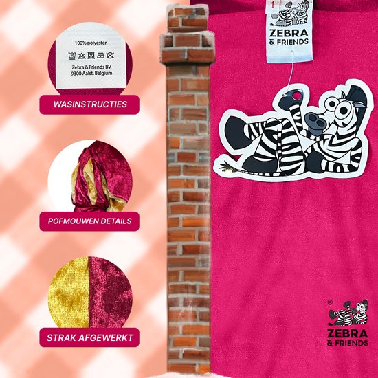Details van 100% polyester pietenpak: pofmouwen, strakke afwerking, wasinstructies en Zebra & Friends label.
