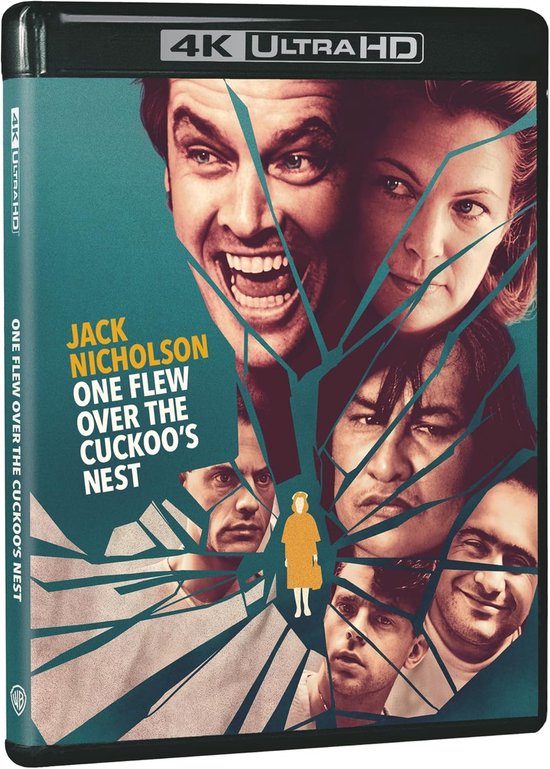 4K Ultra HD-hoes met de gezichten van Jack Nicholson, Danny DeVito, Christopher Lloyd en William Redfield, gebroken glas.
