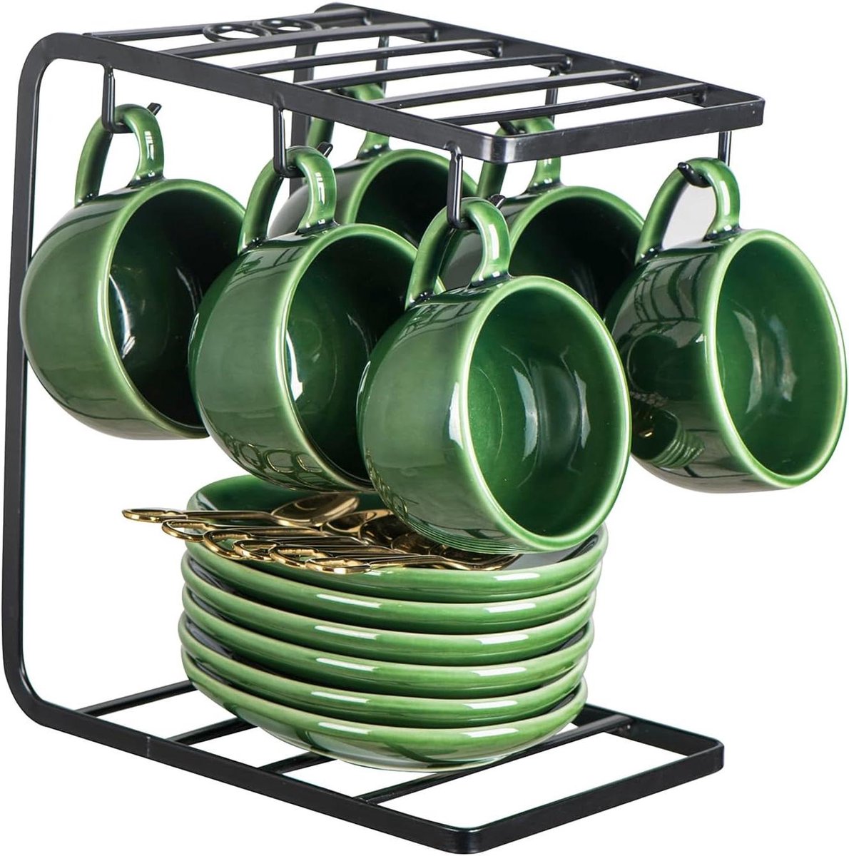 CSGoods - Set van 6 Keramische Espresso Koffiekopjes met Schotels, Lepels en Metalen Stand - Groen.