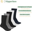 Vijf paar Hipperboo bamboe sokken in de kleuren antraciet, grijs, zwart, wit en navy blue.