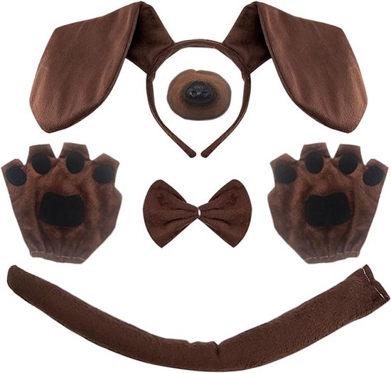 versieren - 5-delige teckelset - puppykostuumset - inclusief teckelhaarband - neus - staart - handschoenen - strik voor dierenthemafeest