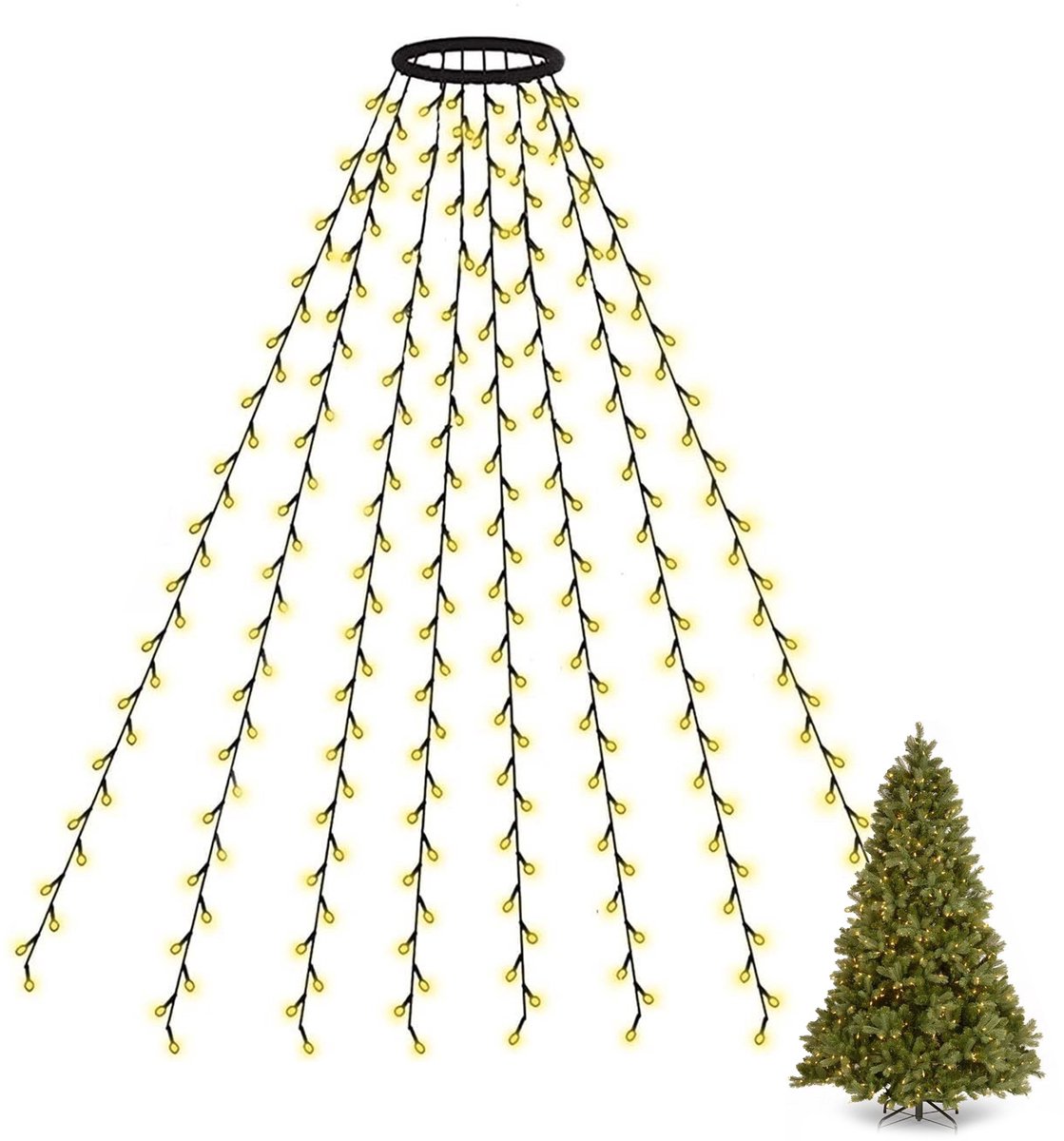 Cirkelvorm Kerstboomverlichting-Set – 300 LED / 3 m – Waterval-Lichtslang – Warm Wit – USB & Afstandsbediening – 8 Modi Timer – Voor Kerstbomen & Feestdecoratie